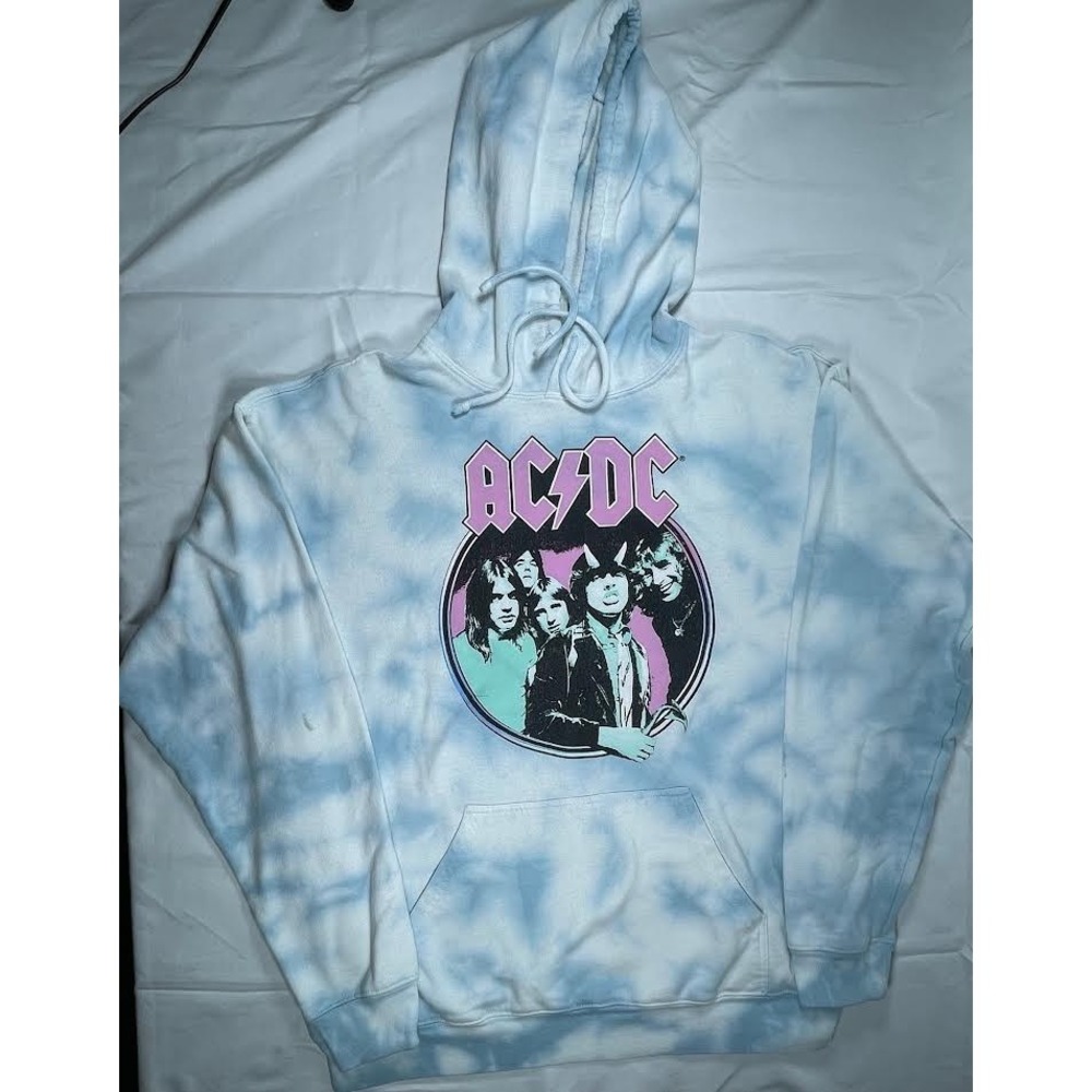 AC/DC TIE DYE HOODIE SIZE MEDIUM WHITE BLUE FLEECE ROCK N ROLL MENS